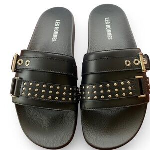 Les Hommes Pasha Black Leather Studded Slides